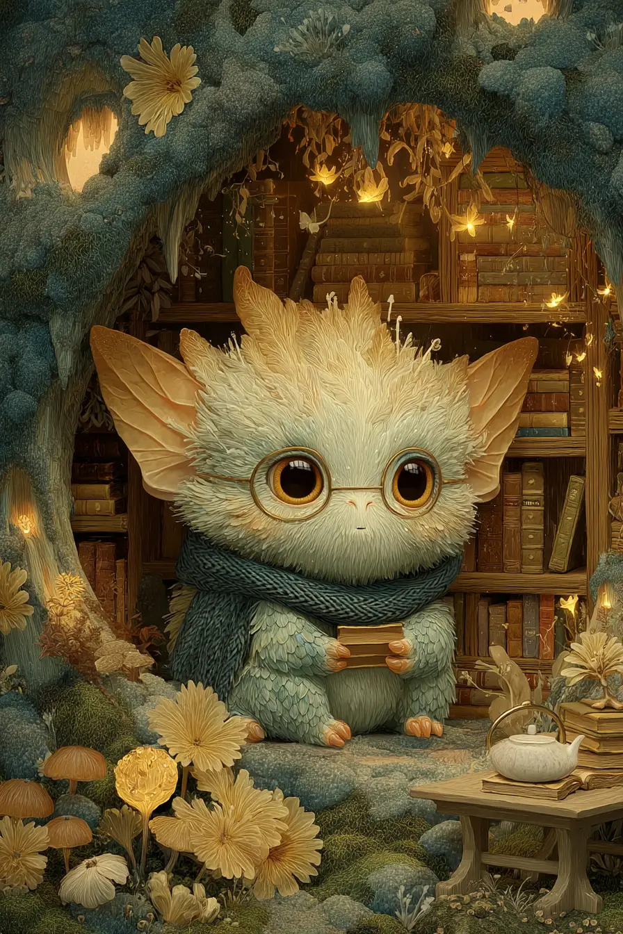 Fluffy Dragon Organizing Books Inside Glowing Mushroom Library