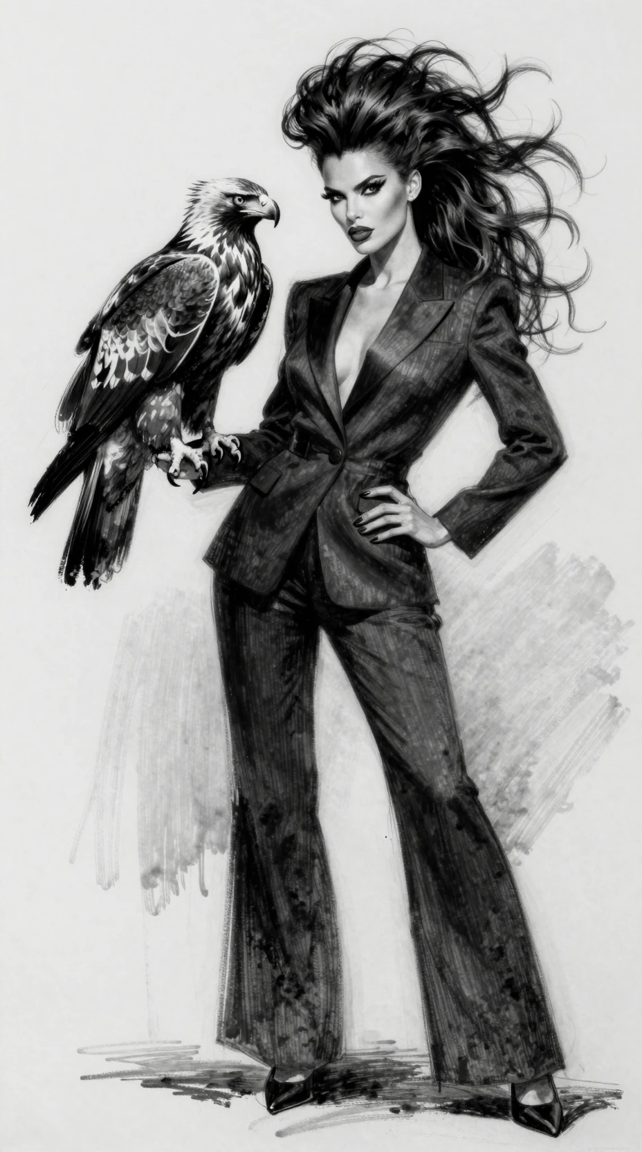 Stylish woman in pantsuit with harpy eagle charcoal drawing
