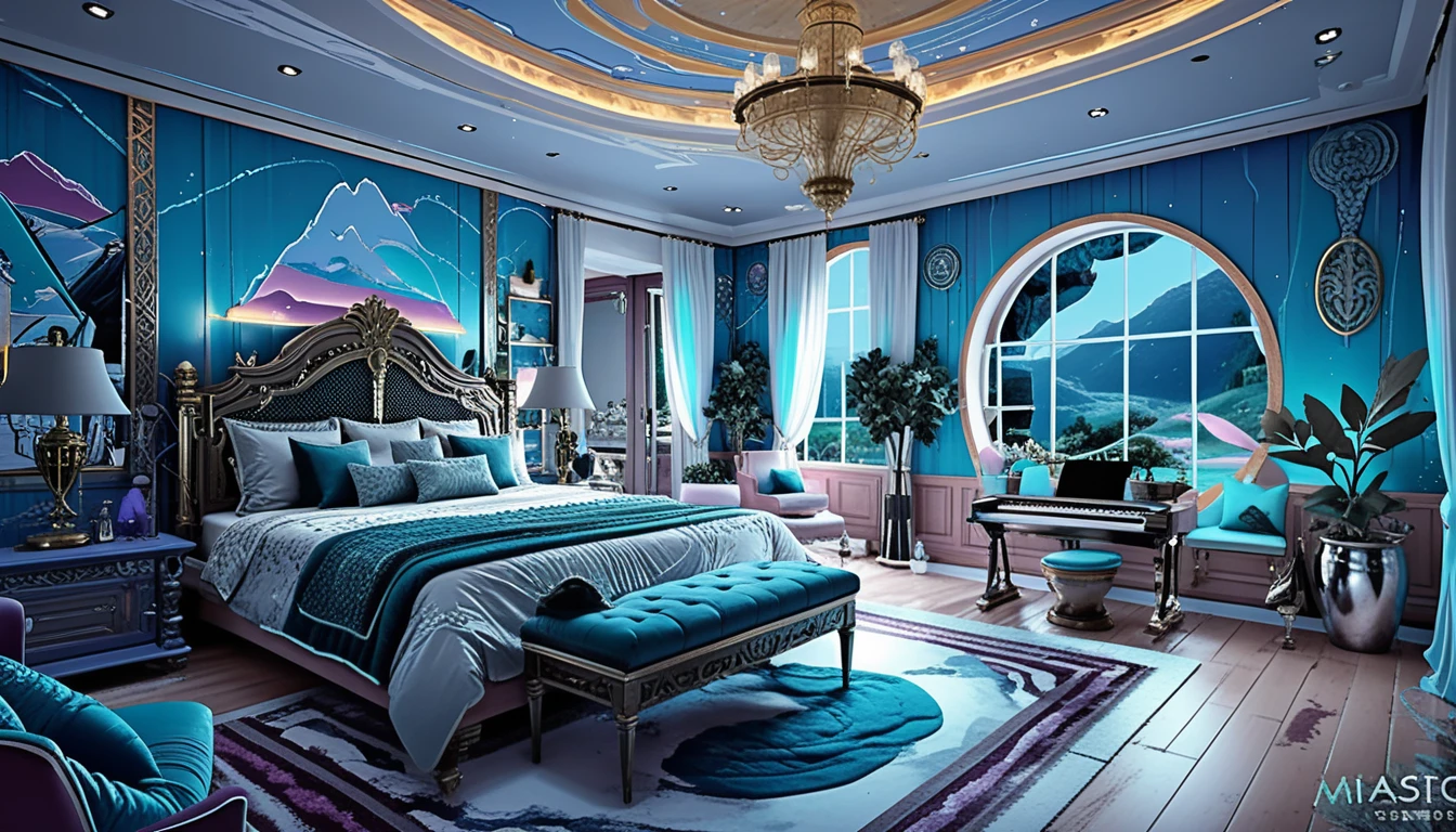 Isometric luxury villa interior in a serene mountain landscape