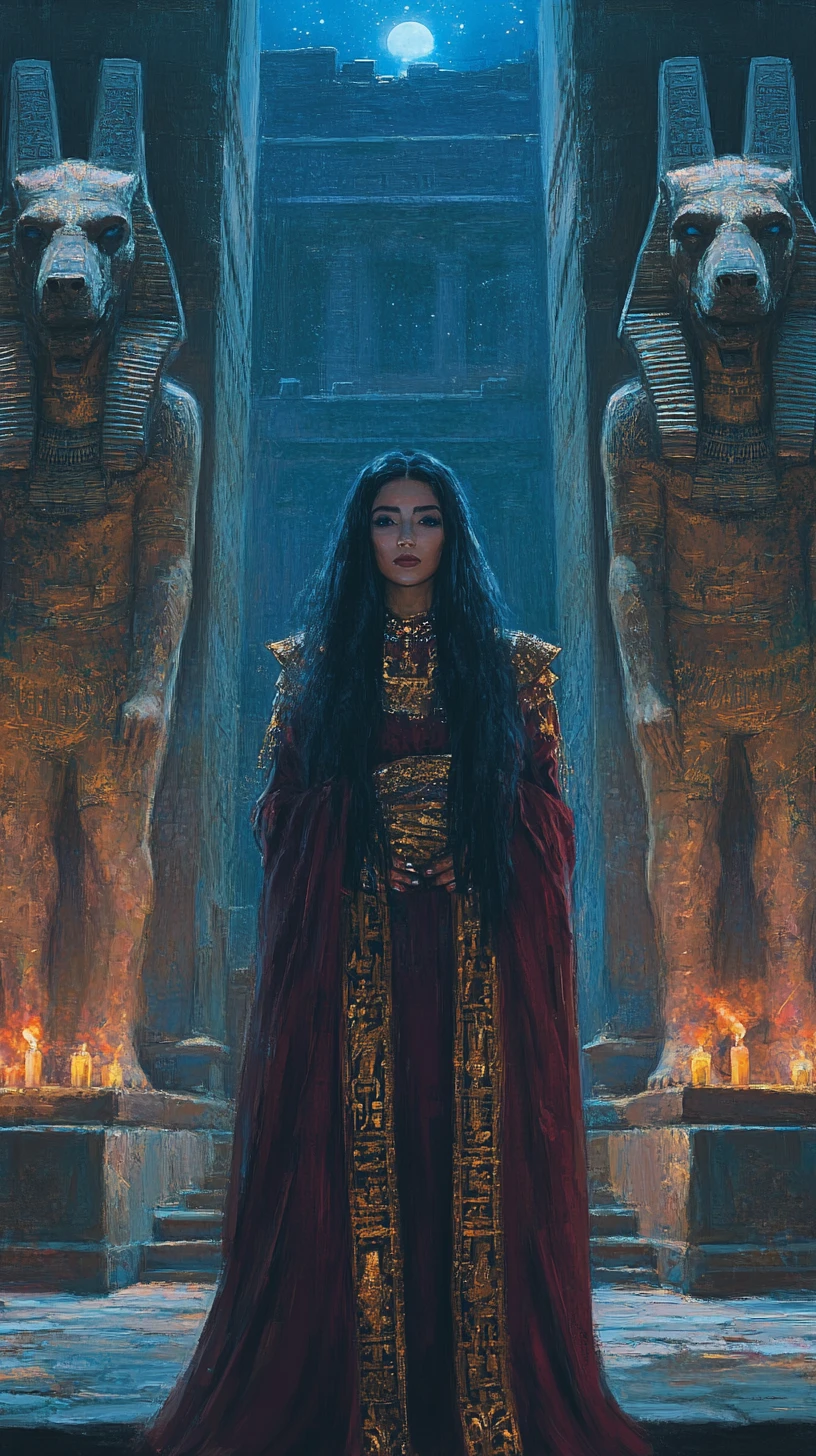 Rainha egípcia em vermelho e dourado diante de estátuas de Anúbis