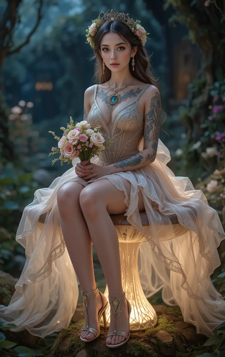 Glamorous tattooed woman on glowing toadstool at night