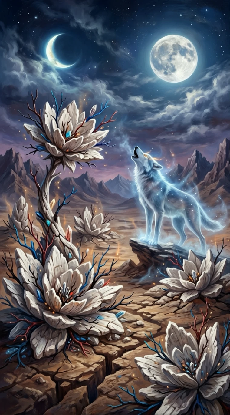 Lobo fantasma uivando em um deserto surreal sob luas gêmeas