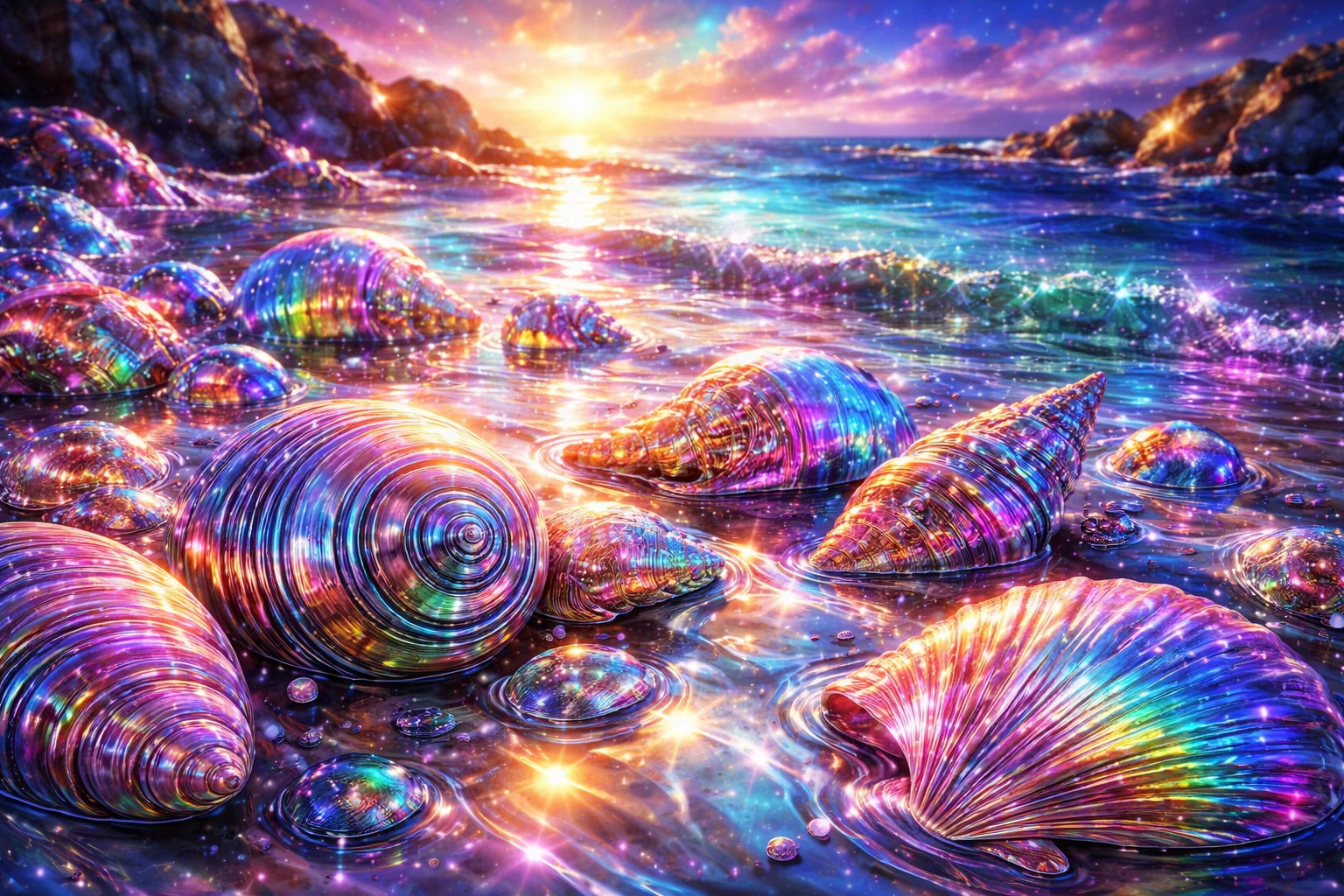Colorful seashells with metallic chrome and glowing detail