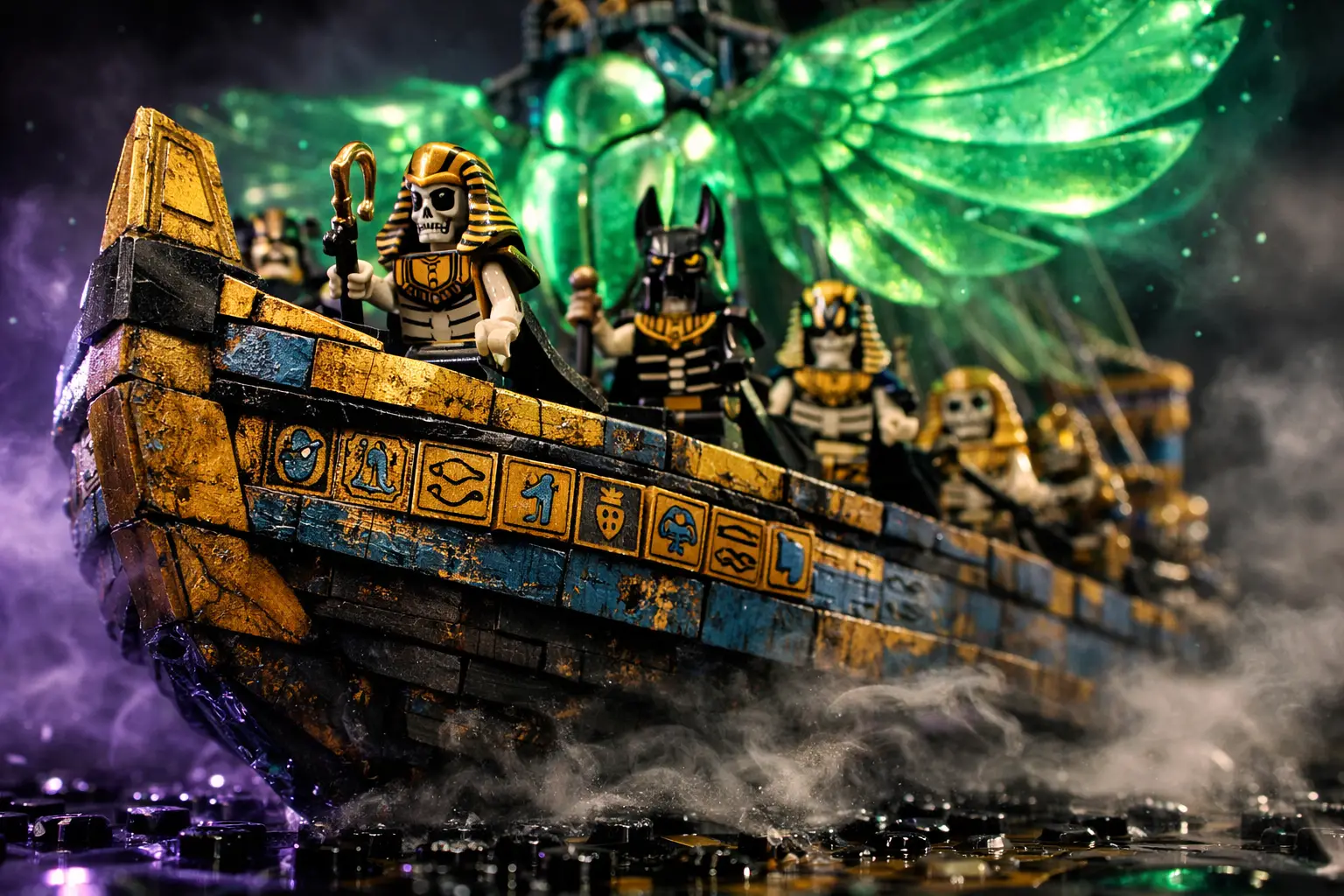Visão macro de um navio funerário egípcio fantasmagórico de LEGO