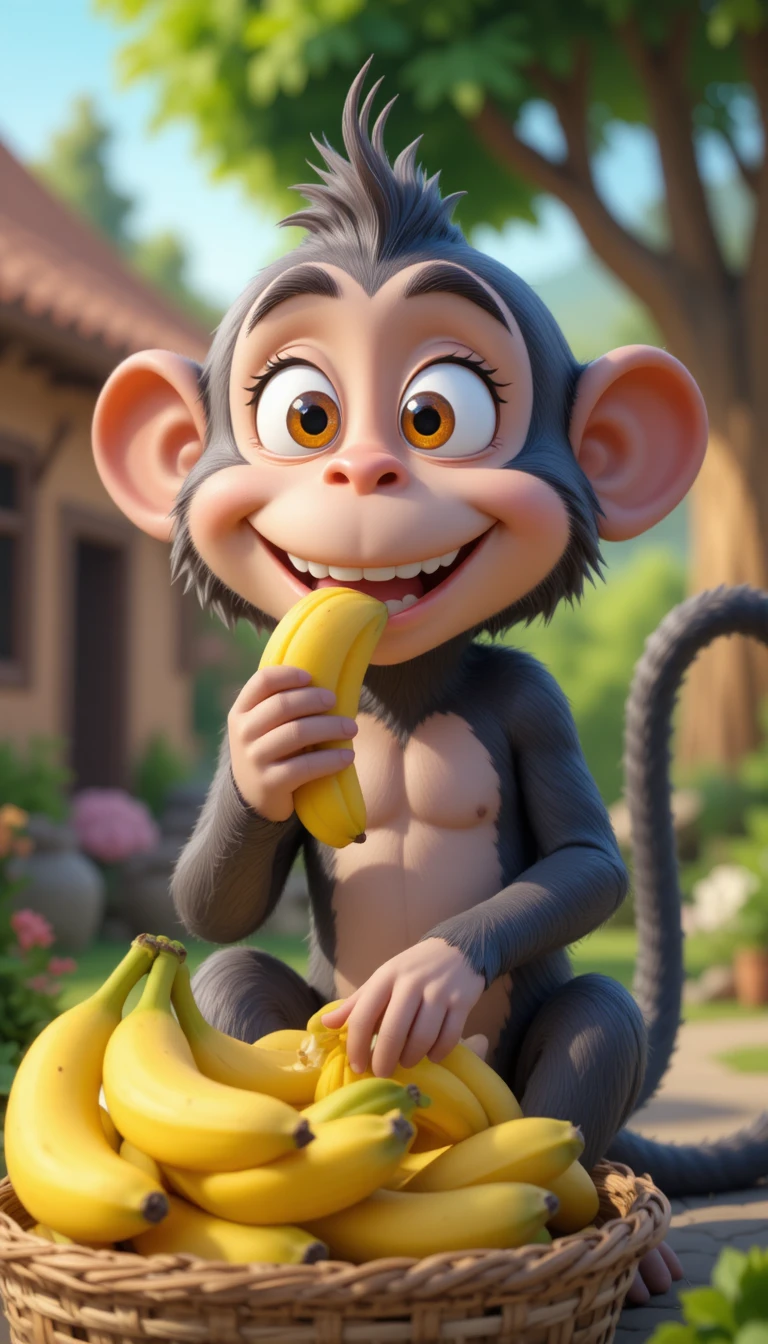 Macaco de desenho animado comendo bananas ao lado de um cesto em uma vila
