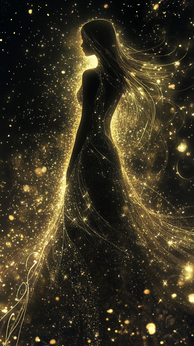 Leuchtende ätherische Frauensilhouette in kosmischer sternklarer Dunkelheit