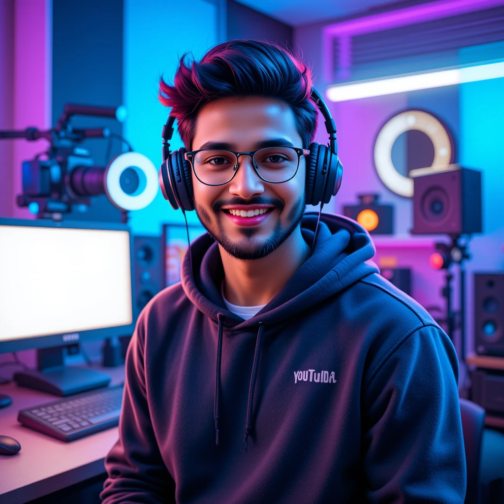 Criador indiano sorridente em estúdio colorido do YouTube
