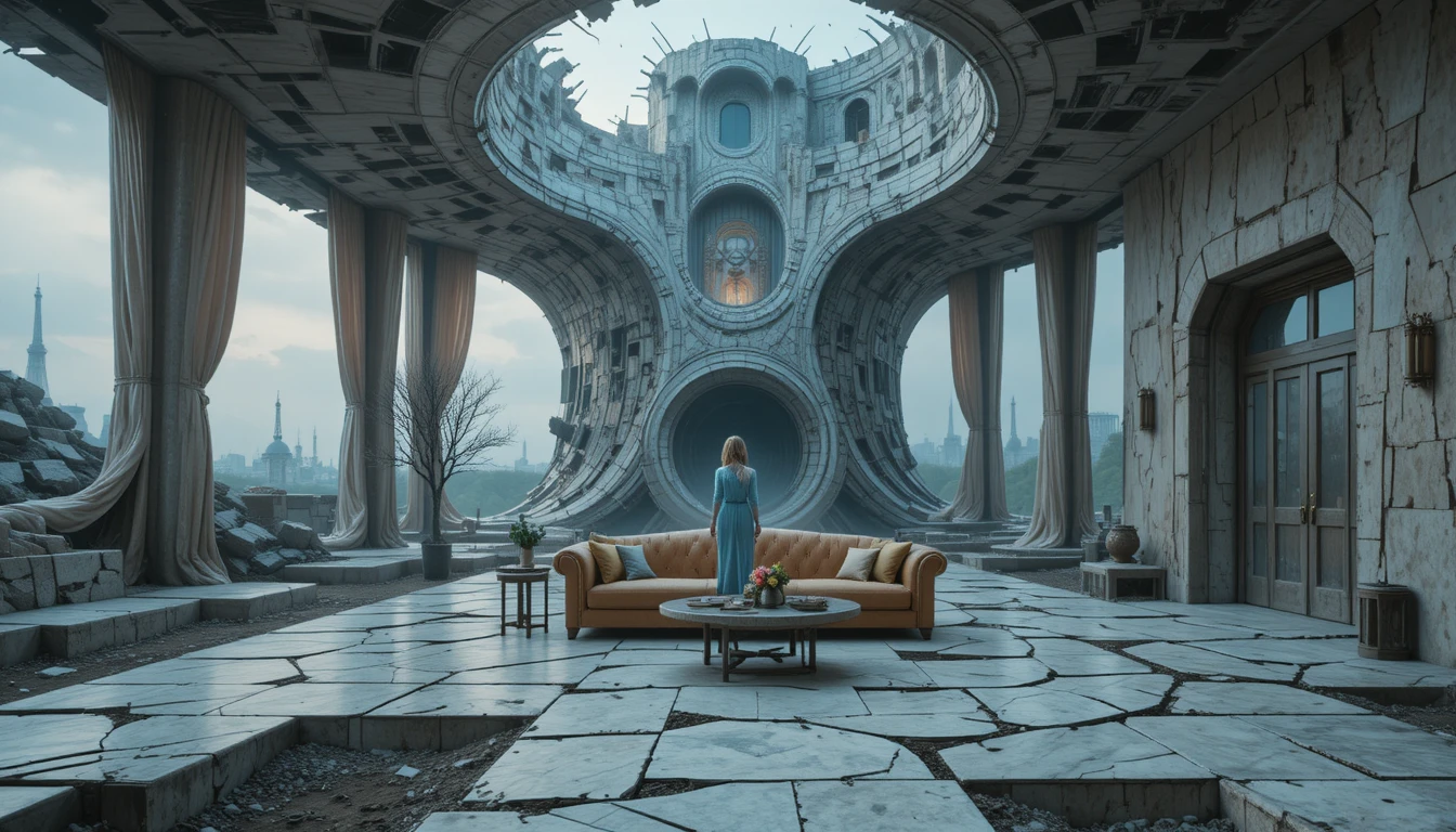 Surrealer Spiralturm, der in einer Dämmertraumlandschaft emporragt