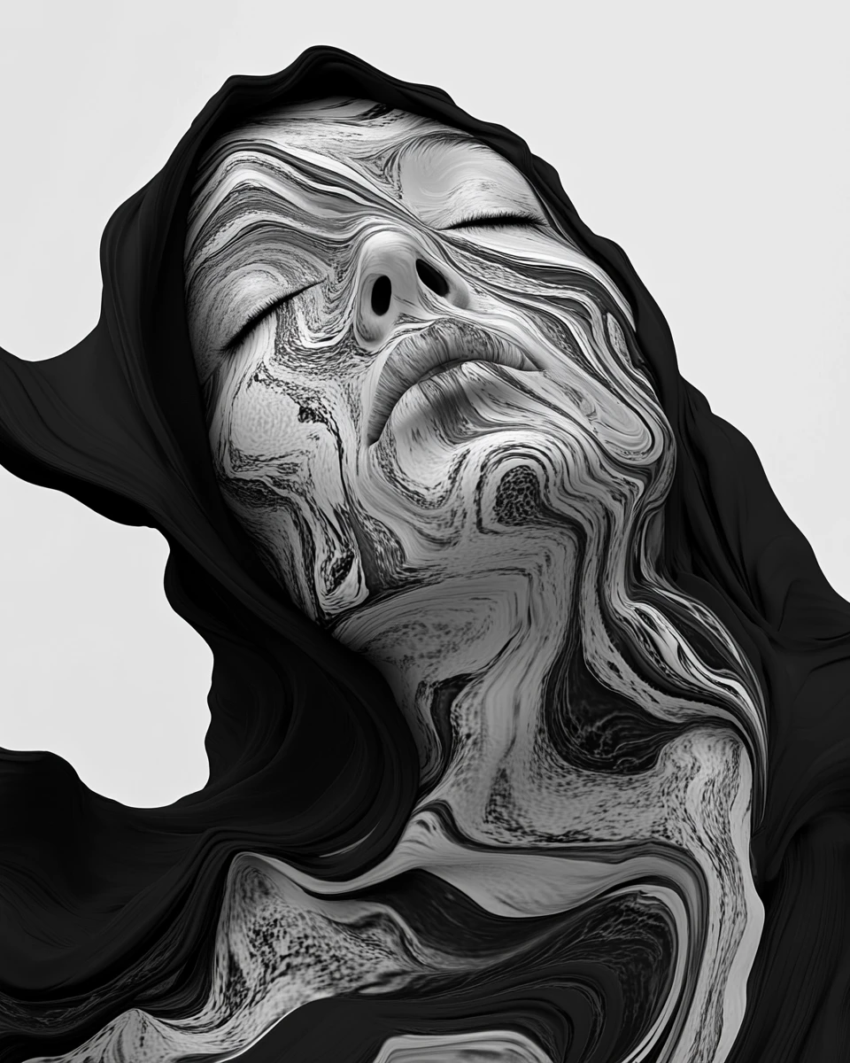 Retrato onírico de uma mulher encapuzada em padrões em espiral