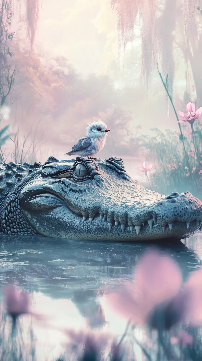 Crocodilo tranquilo descansando no pântano com pequeno pássaro