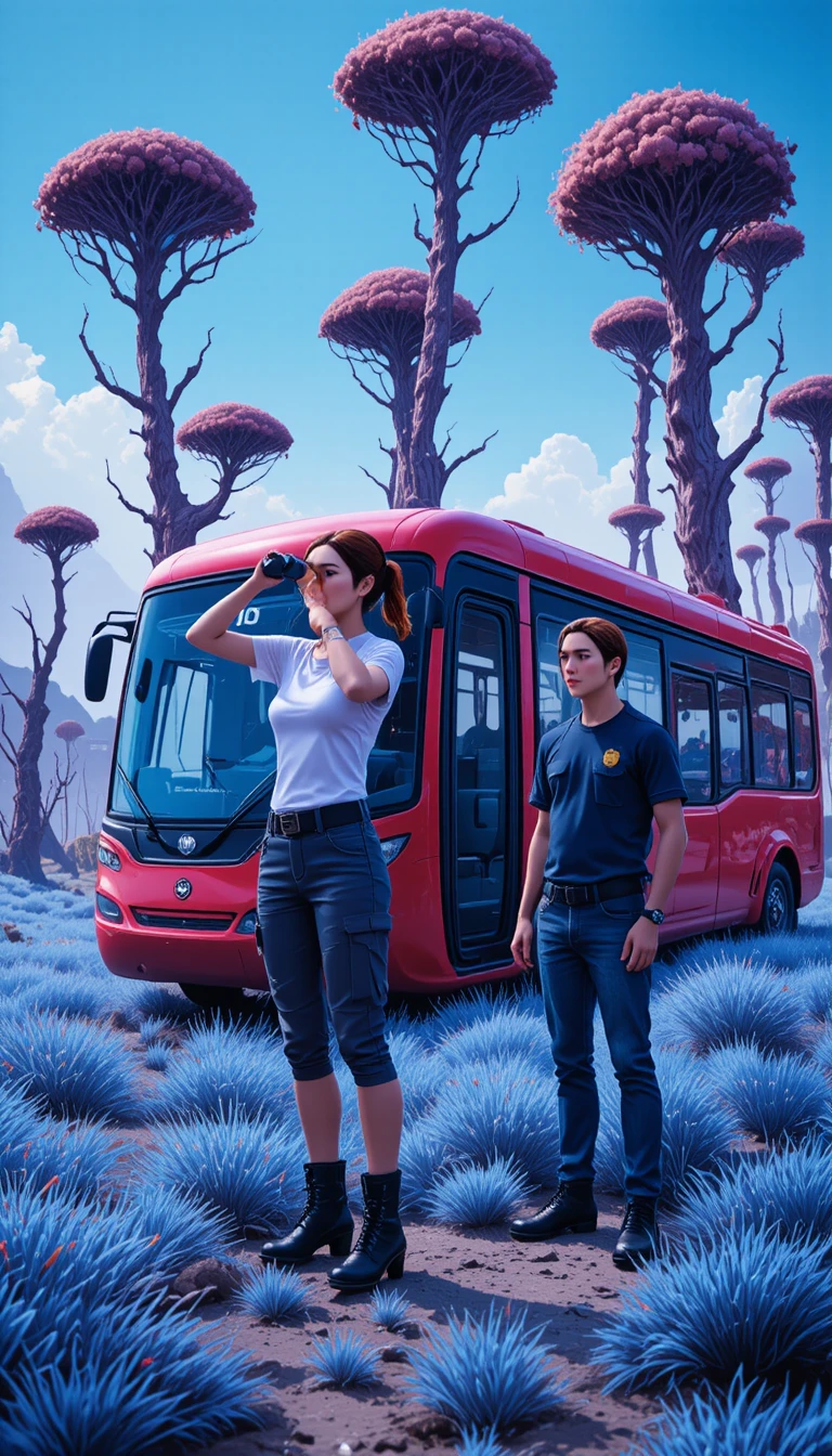 Woman scanning an alien landscape beside a red bus