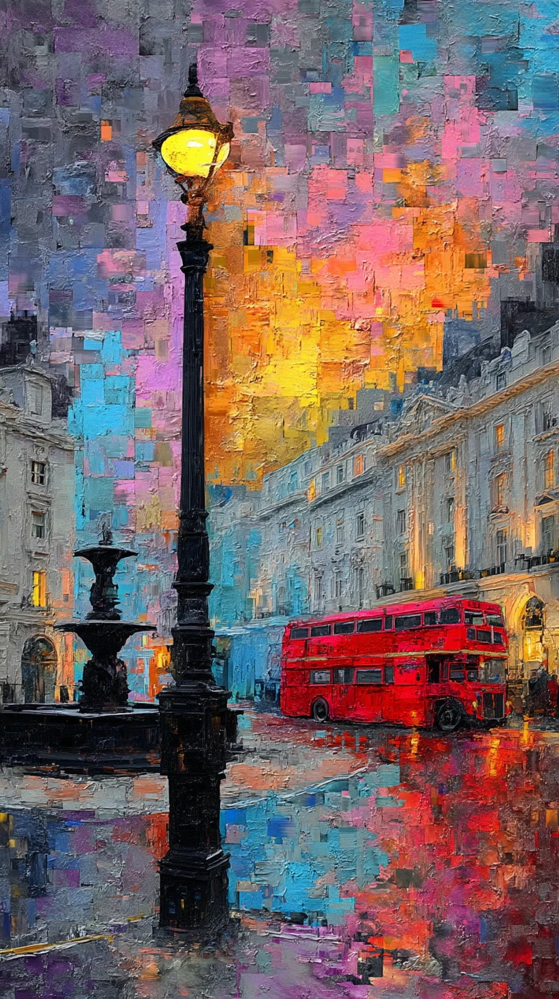 Rua da cidade à noite impressionista com ônibus vermelho e lampião