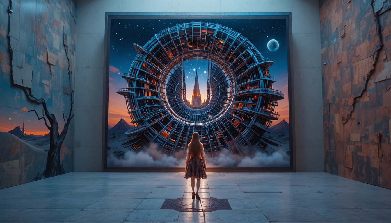 Futuristisches Spiralgebäude ragt bei Sonnenuntergang aus der Wüste