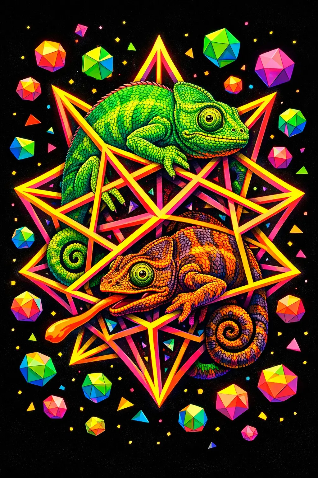 Psychedelische Chamäleons in einer neonfarbenen geometrischen Sternstruktur