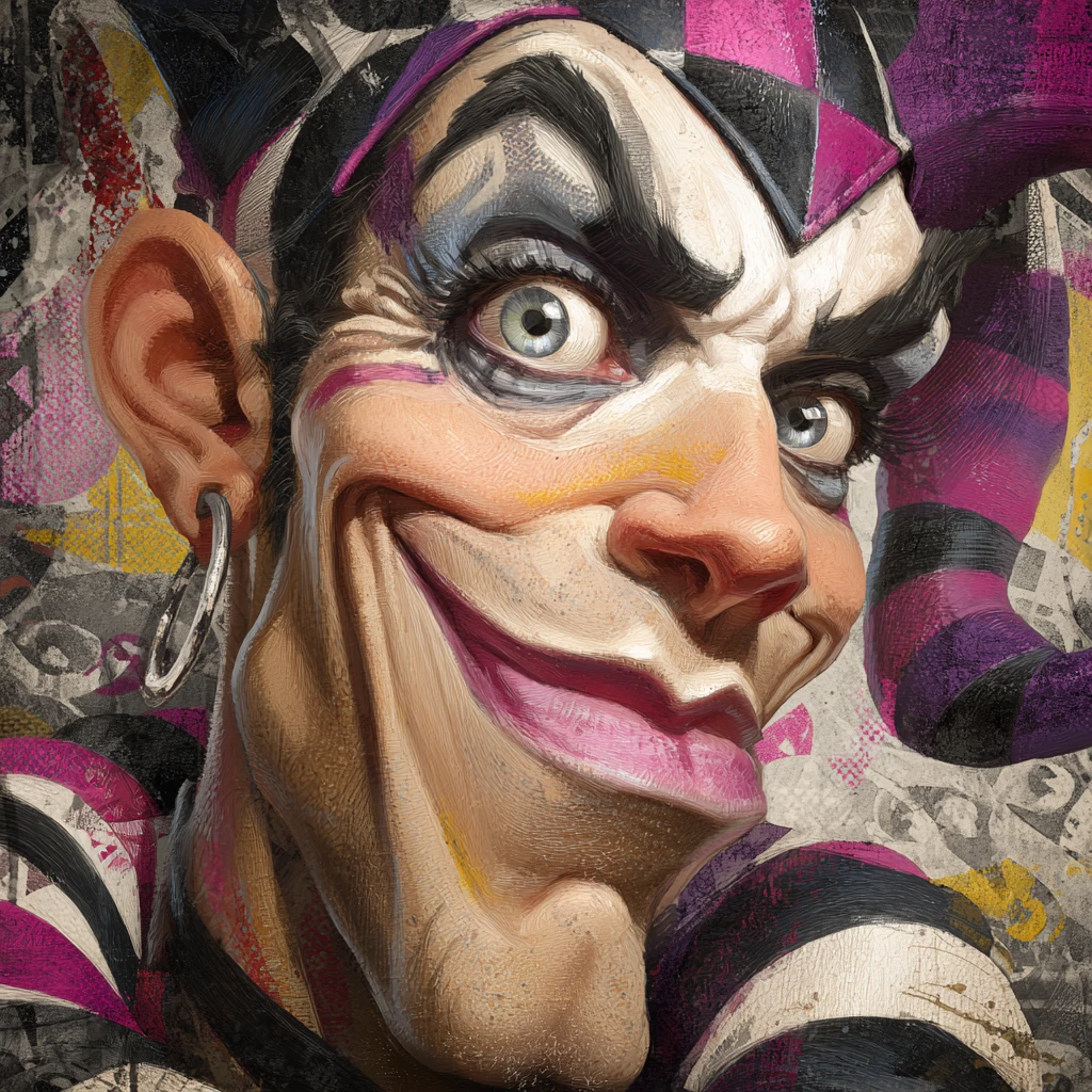 Retrato colorido de bufón de un hombre guapo riendo