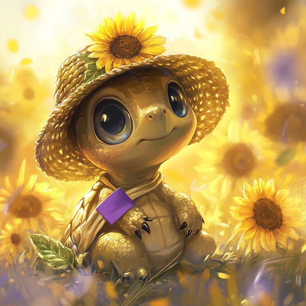 Dolce tartarughina in un campo di girasoli con cappello di paglia