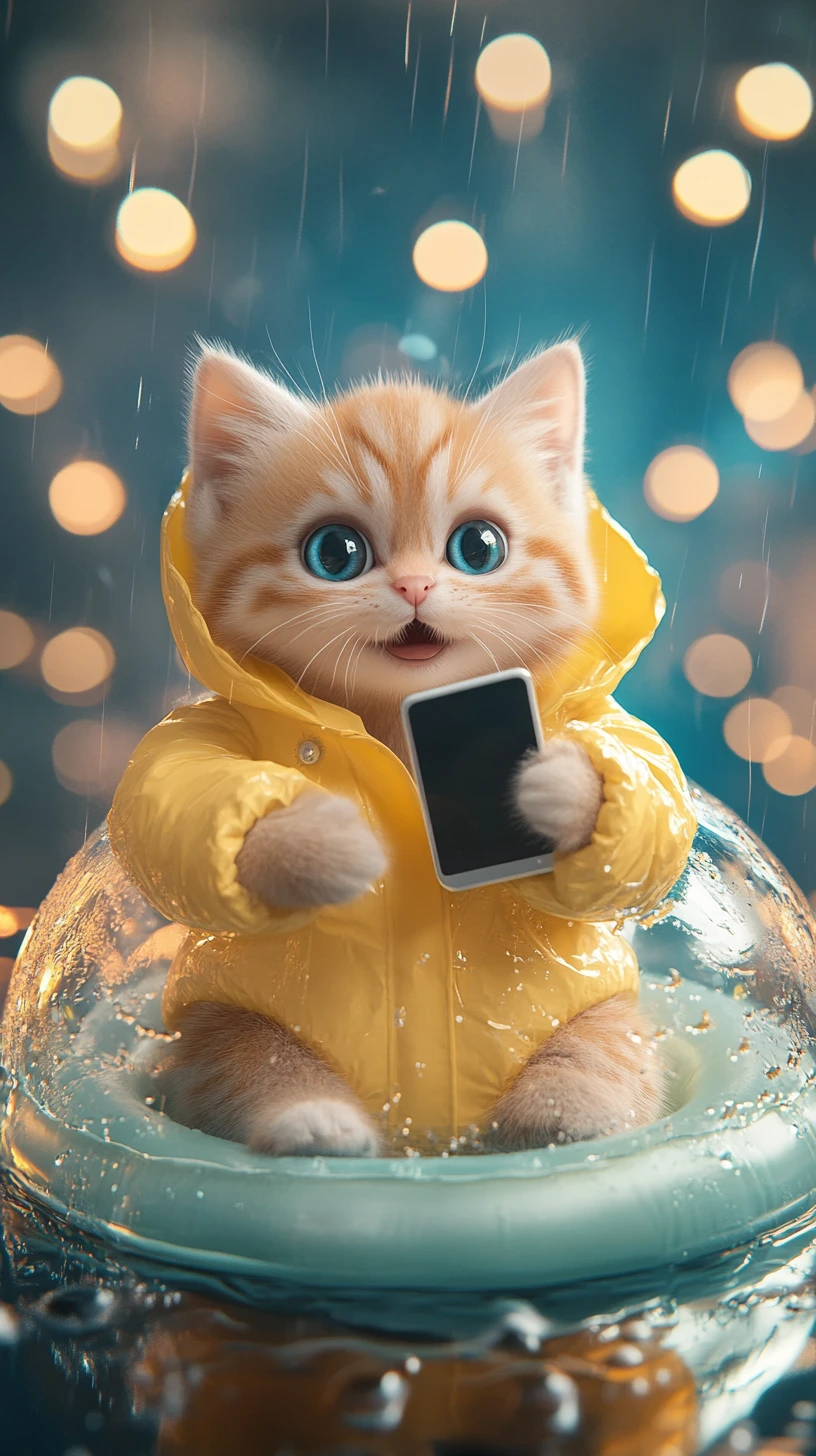 Adorable chaton en imperméable jaune sur une bouée gonflable
