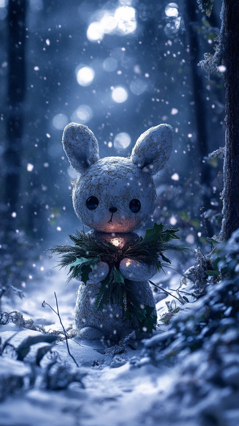 Makaberes Plüschtier in einer verdorbenen Winternacht im Wald
