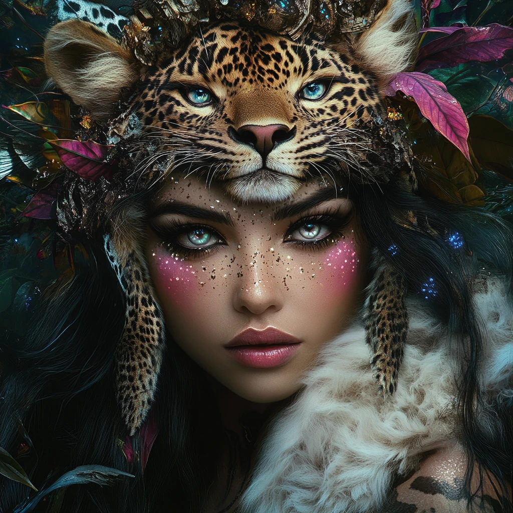 Femme sauvage fantastique avec coiffe de léopard parmi des fleurs lumineuses