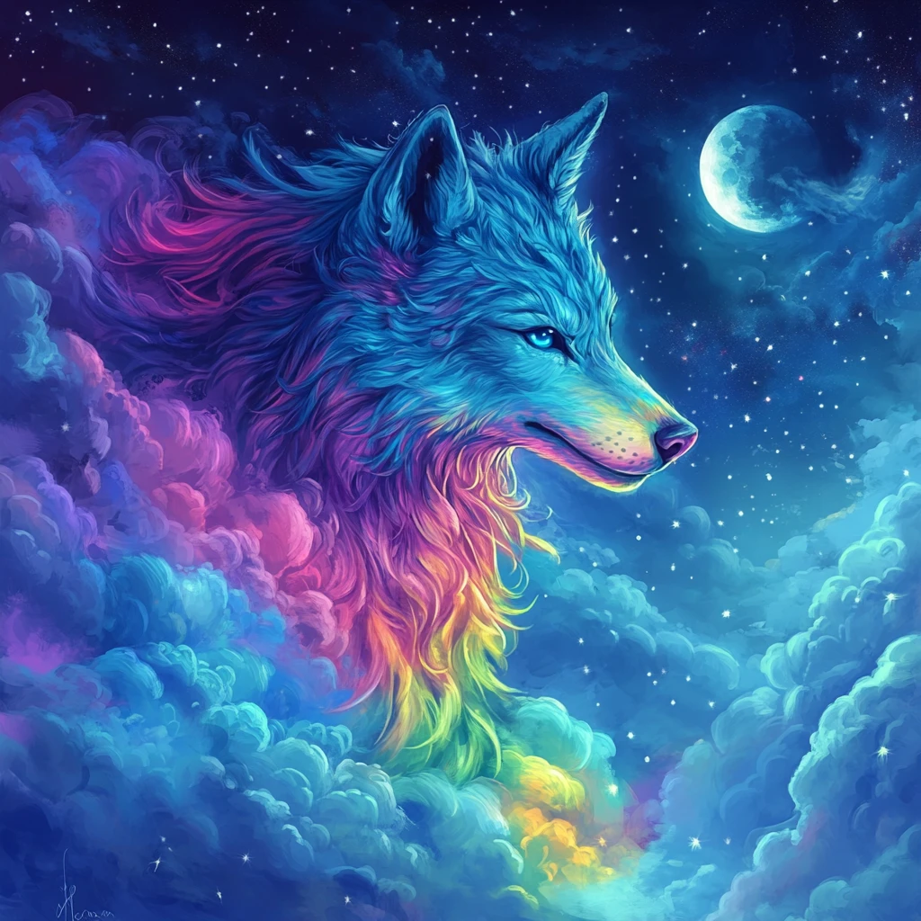 Lobo místico de arco-íris correndo por um céu noturno brilhante
