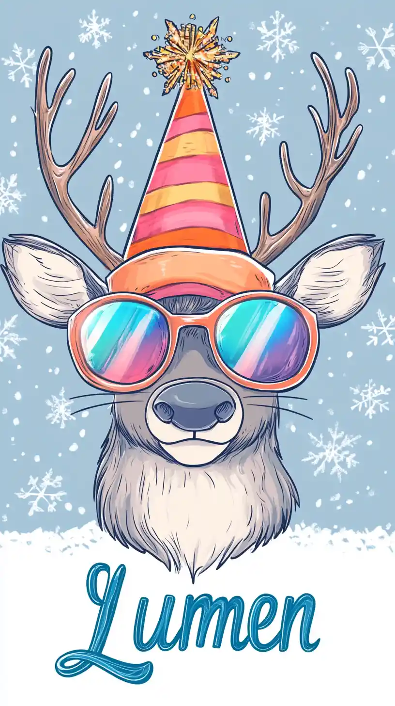 Festive cartoon reindeer with party hat and sunglasses