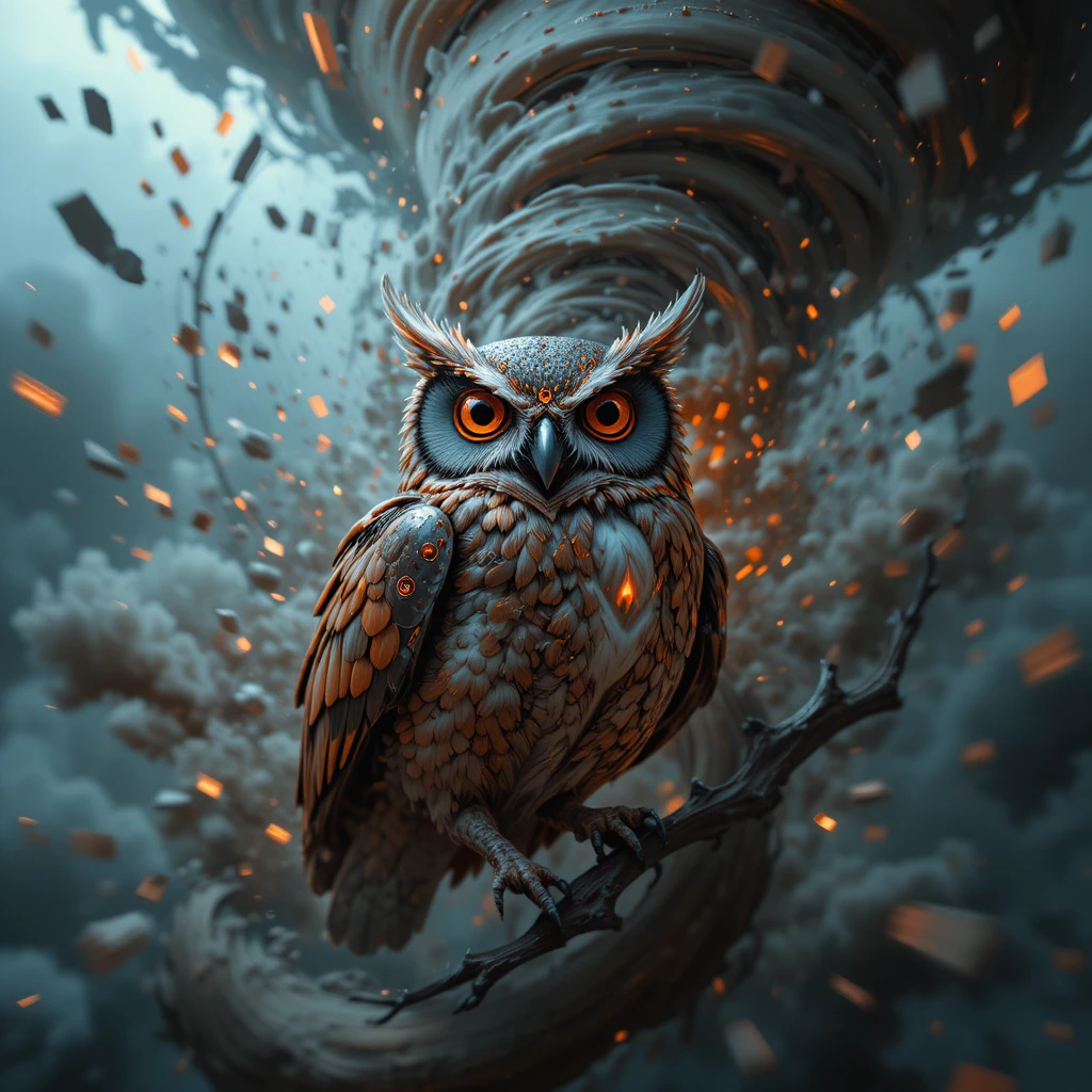 Hibou steampunk tourbillonnant dans une tornade spectrale de mouvement