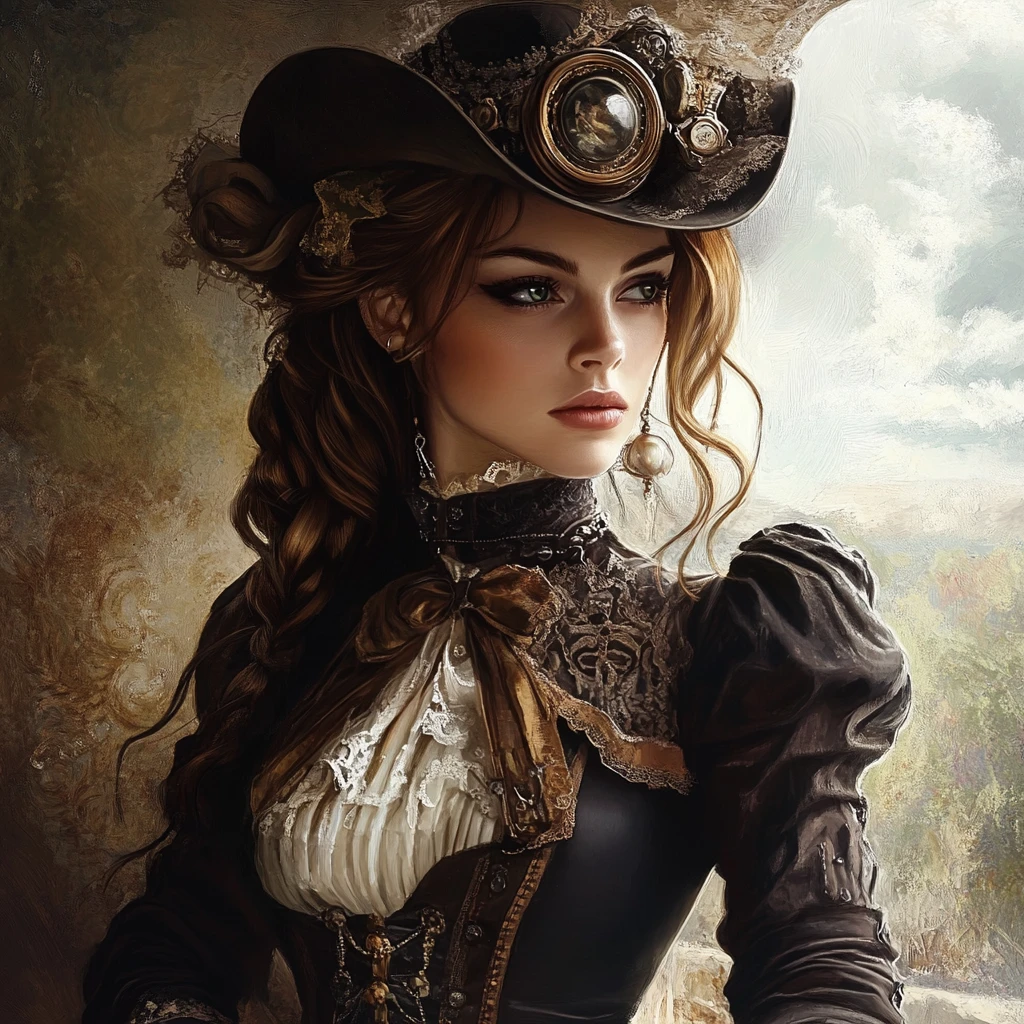 Steampunk-Frau am Ende eines Stegs am See