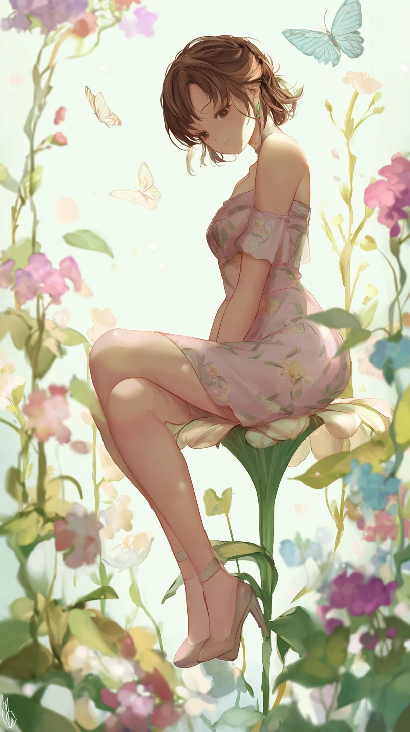 Garota de anime de Virgem sentada em uma alta flor de primavera