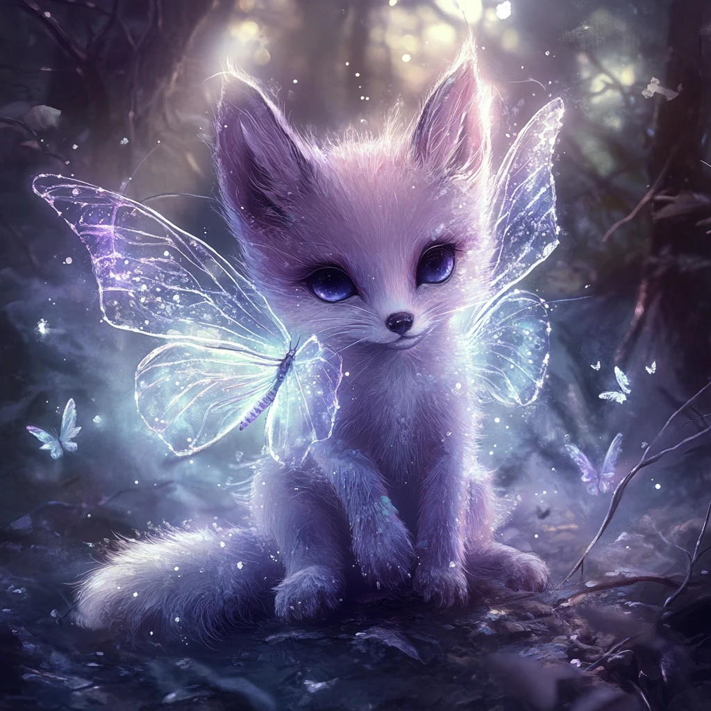 Bébé renard en verre avec des ailes de papillon dans une forêt fantastique