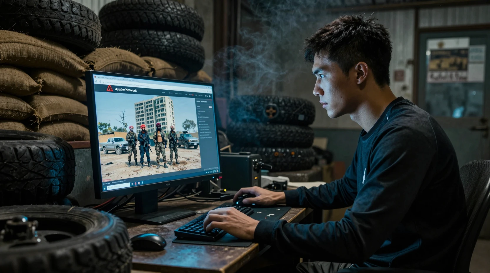 Homem concentrado no computador em oficina de motos escura