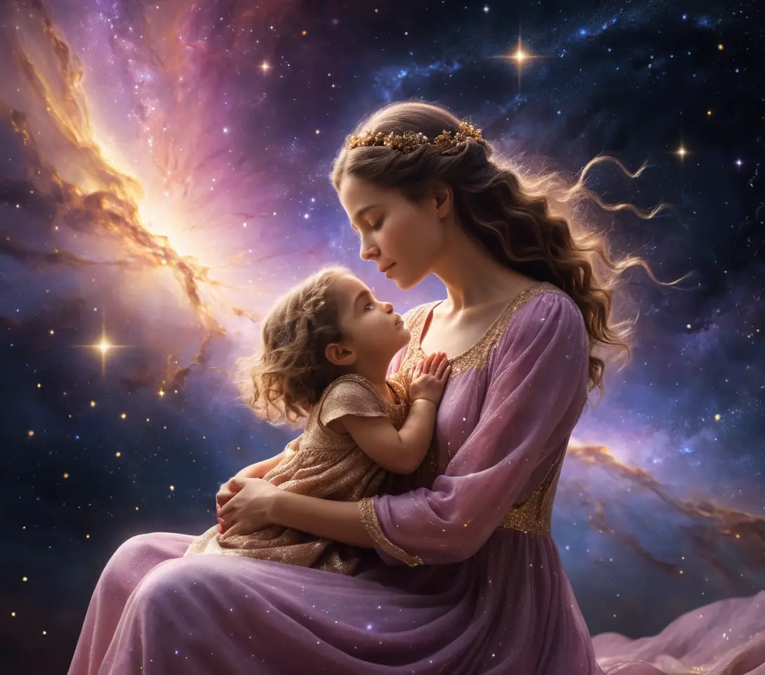Madre celestial que acuna a un niño al borde del espacio
