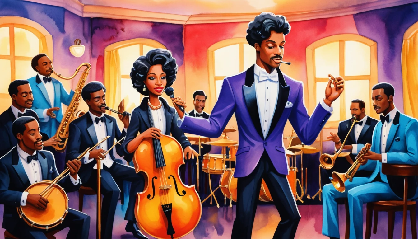 Glamorous black singer performing with jazz band in party room