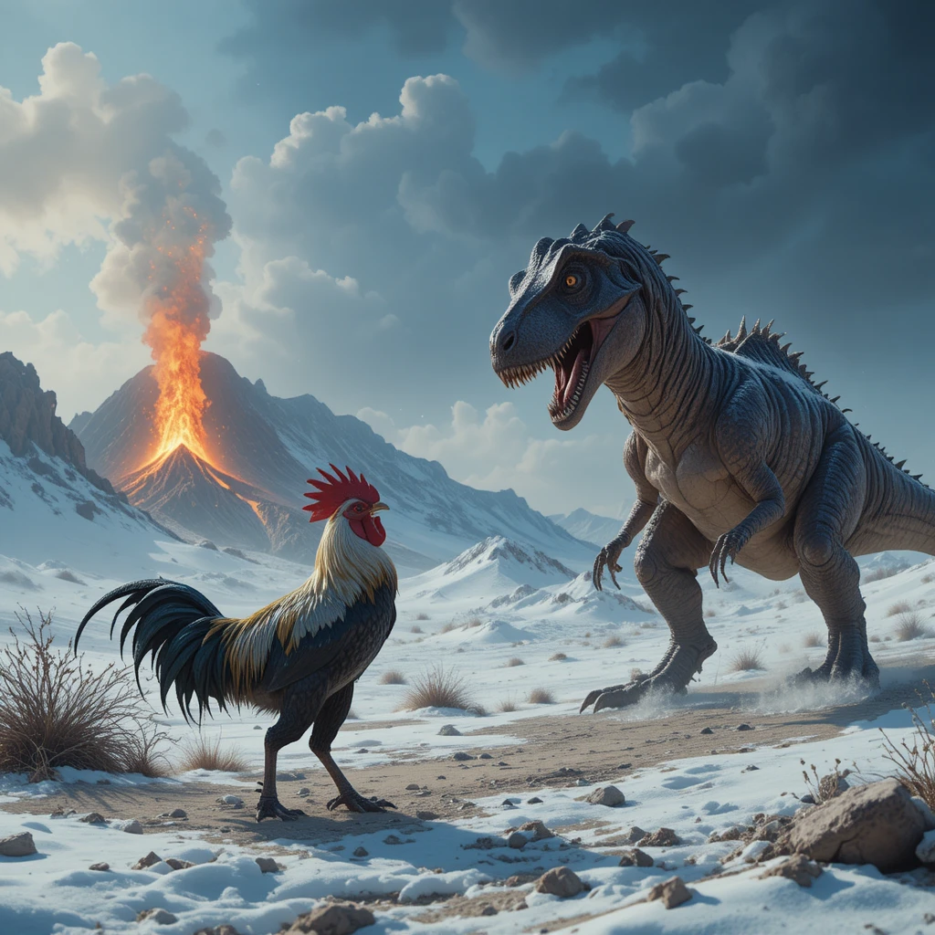 Galo enfrentando um T-Rex em um deserto nevado perto de um vulcão