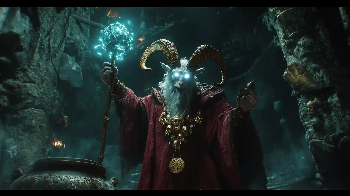 Goat headed sorcerer summoning dark magic in cave