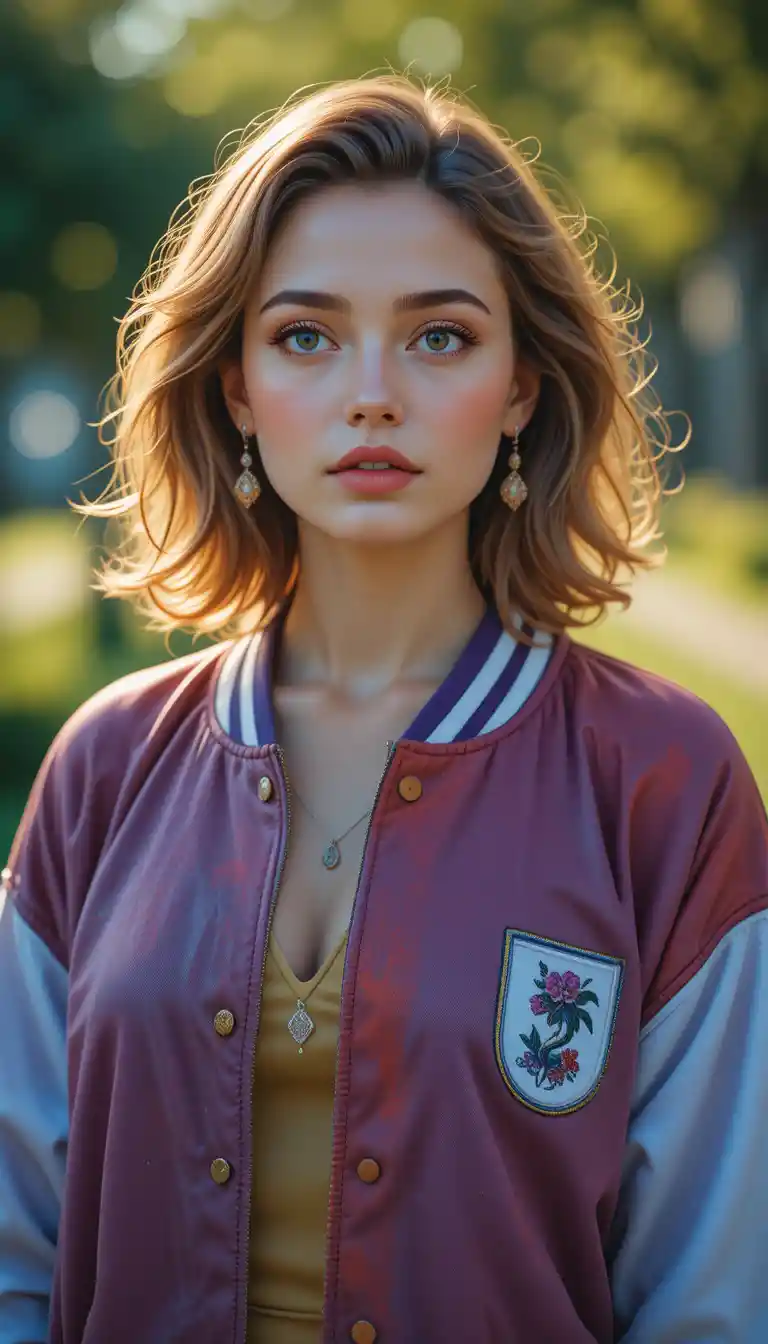 Confident woman in varsity jacket under warm sunlight