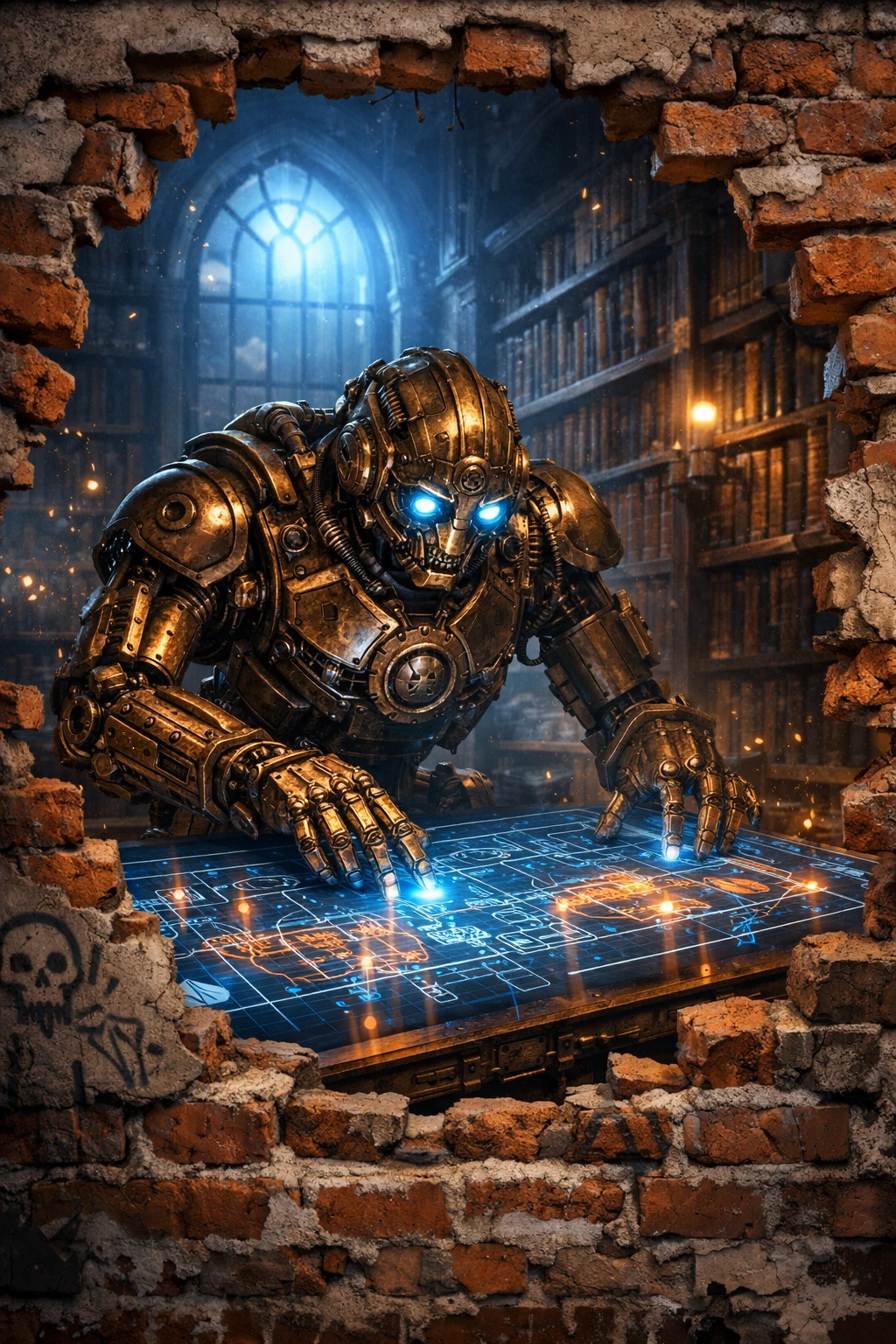 Robô steampunk estudando um holograma de planta brilhante na biblioteca