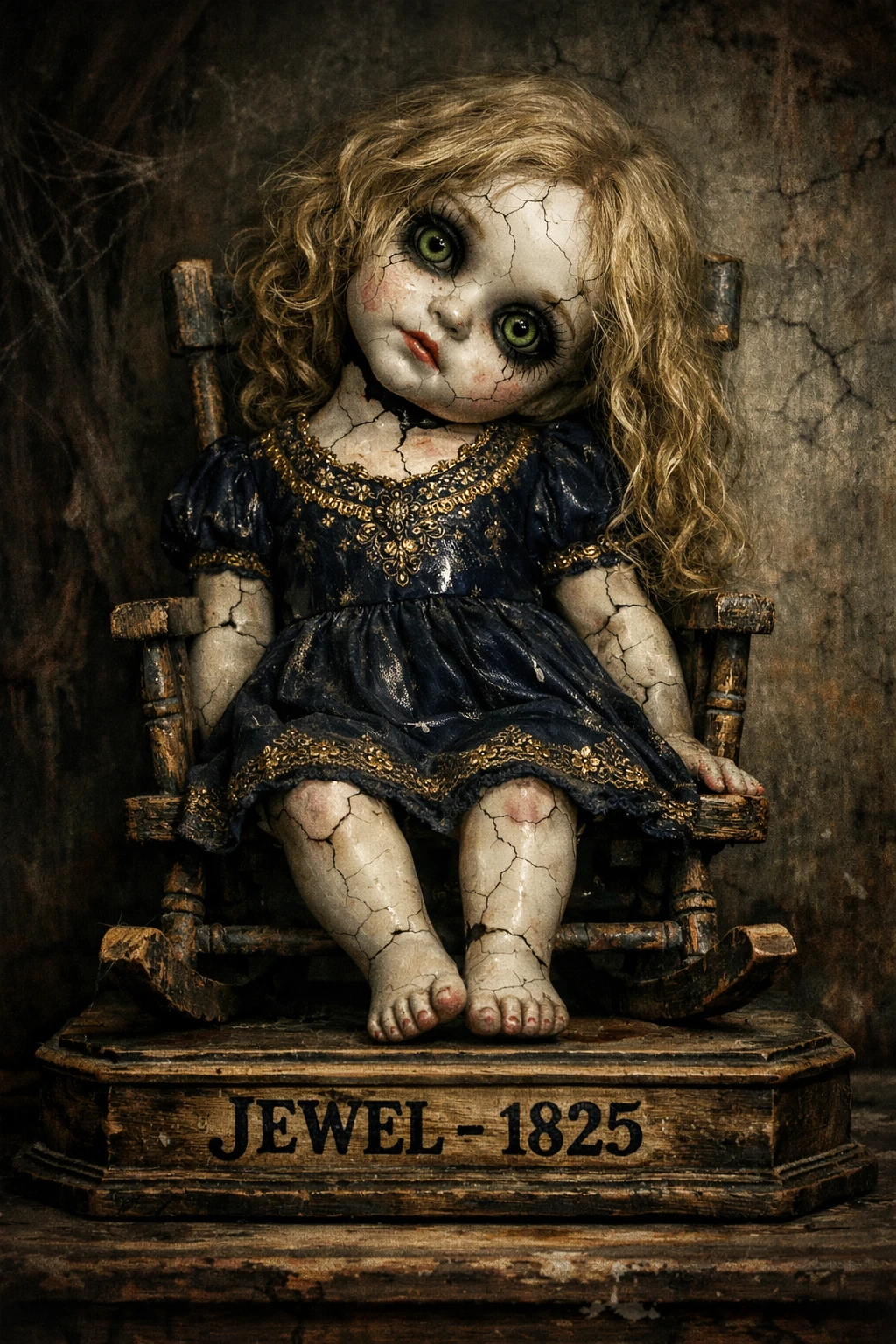 Close up cracked porcelain doll on a haunted attic chair