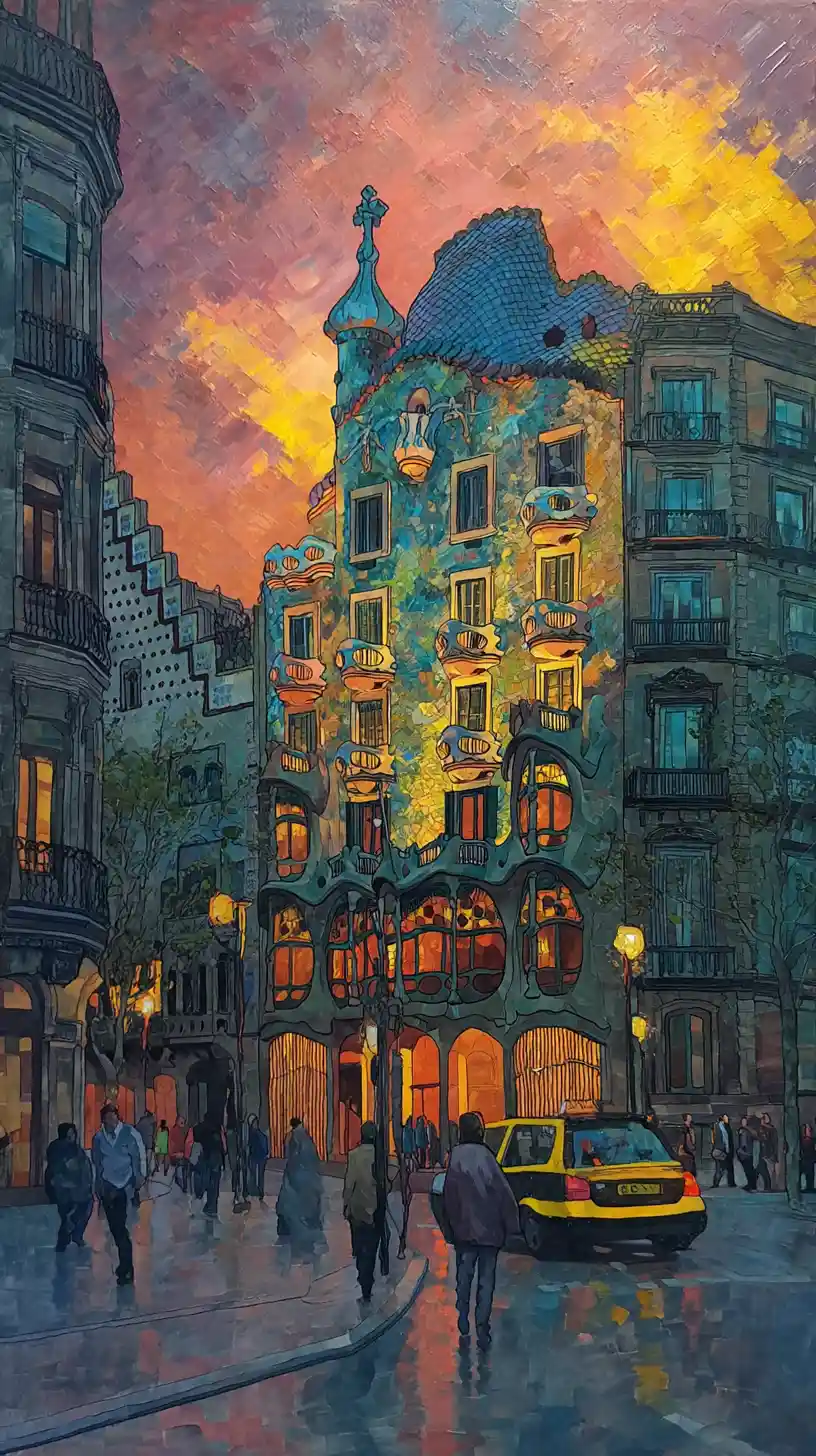 Romantic gouache view of Casa Batllo from bustling Barcelona street