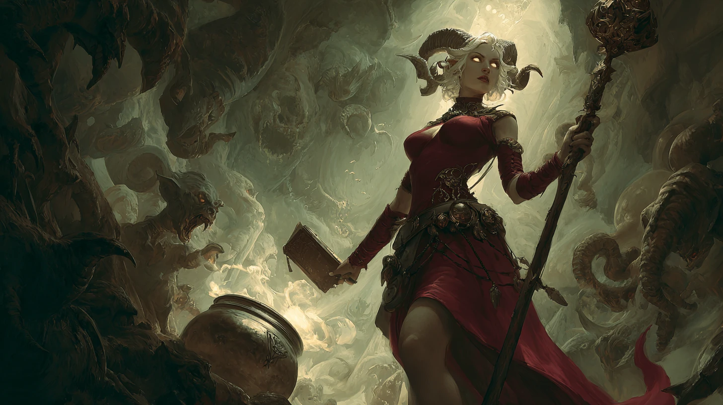 Horned sorceress casting dark magic in a glowing cave