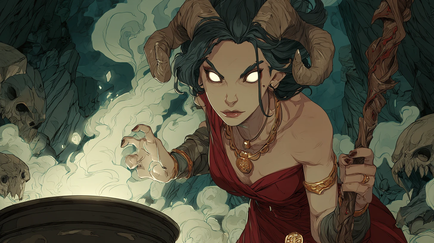Sorceress conjuring dark magic in a glowing cave