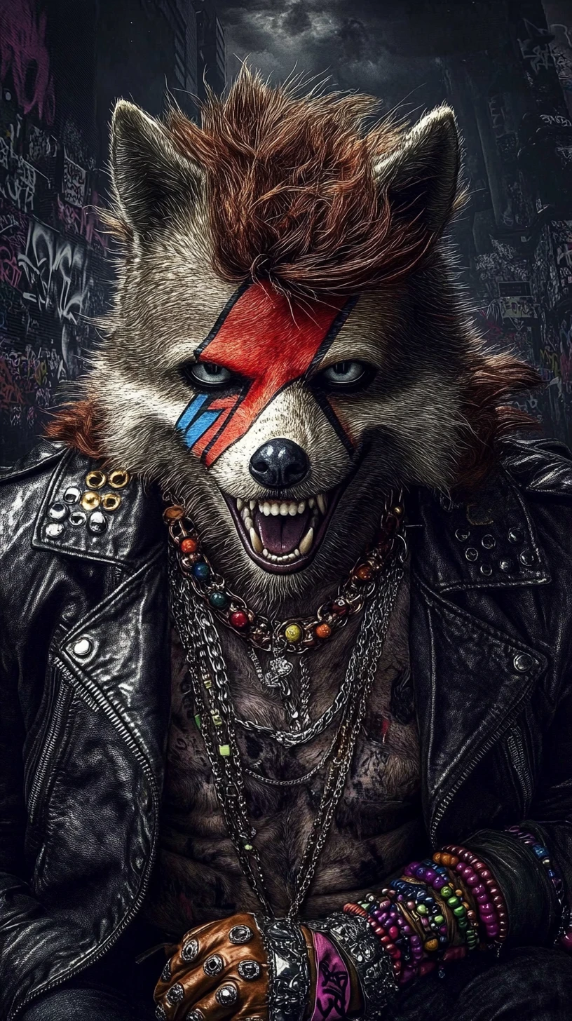 Criatura roqueira carismática em retrato de cidade punk