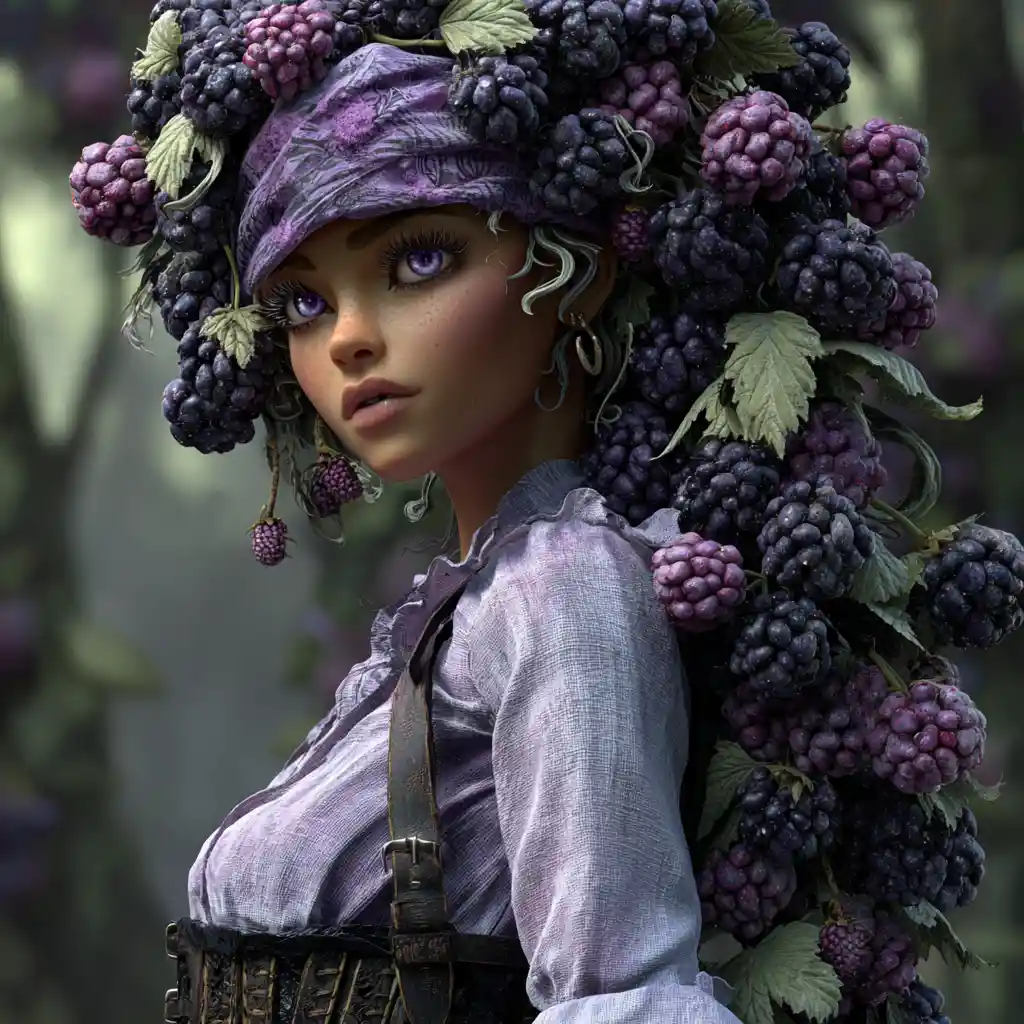 Surreale Frau mit Brombeerhaar in einem verträumten Wald