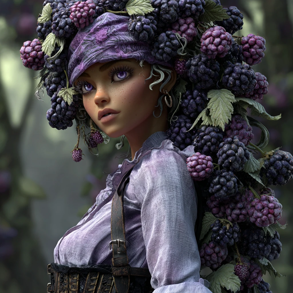 Mulher surreal com cabelo de amora em uma floresta dos sonhos