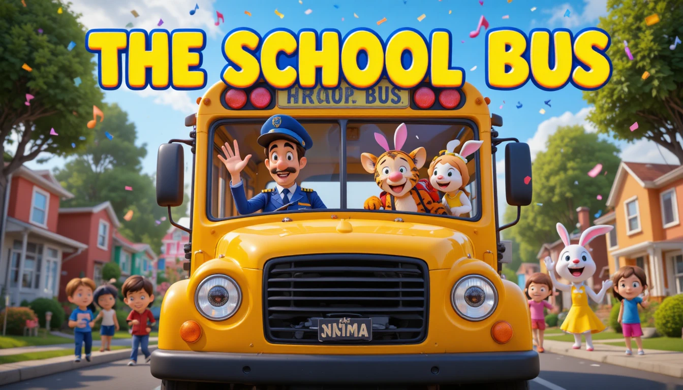 Bus scolaire souriant avec des enfants heureux dans une banlieue colorée