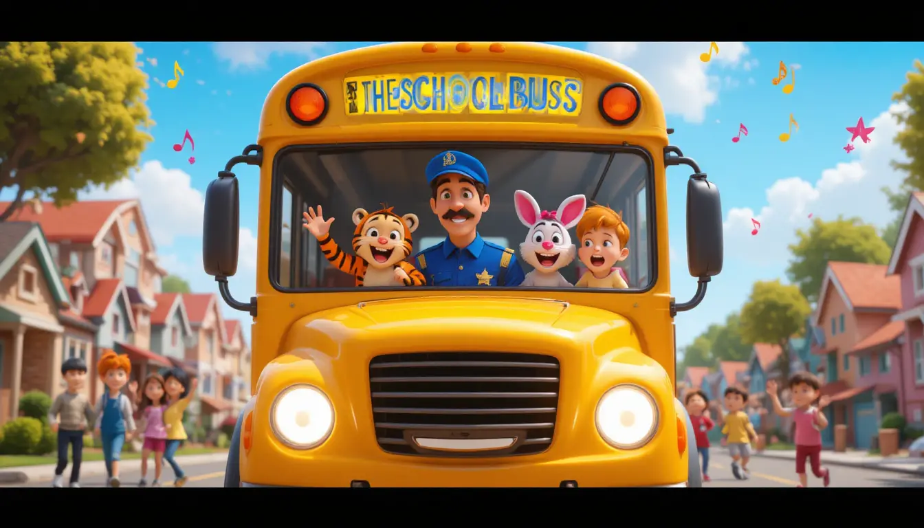 Smiling school bus with happy kids on a sunny street