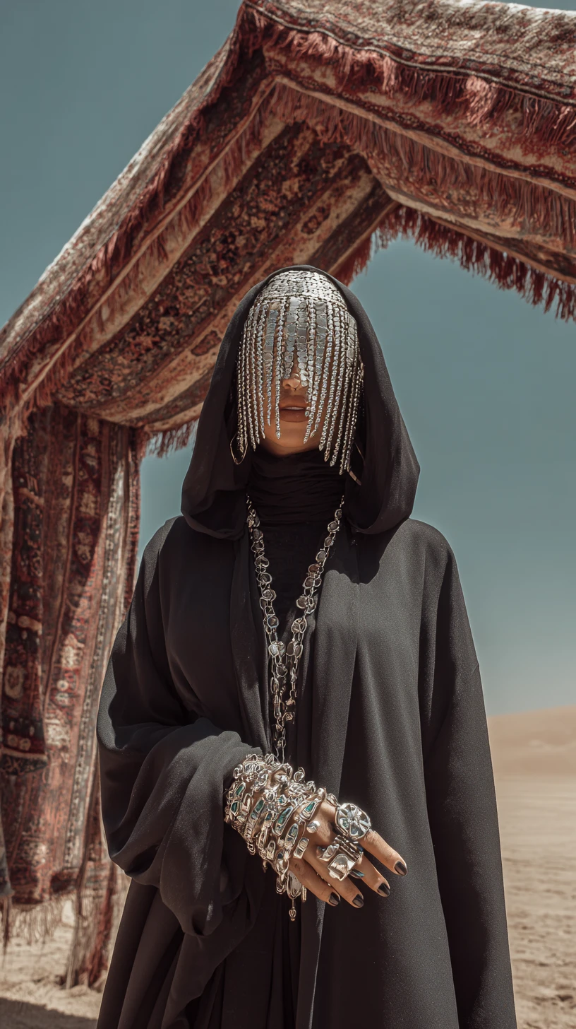 Wüstenfrau in schwarzer Abaya unter kunstvollem Teppichbogen
