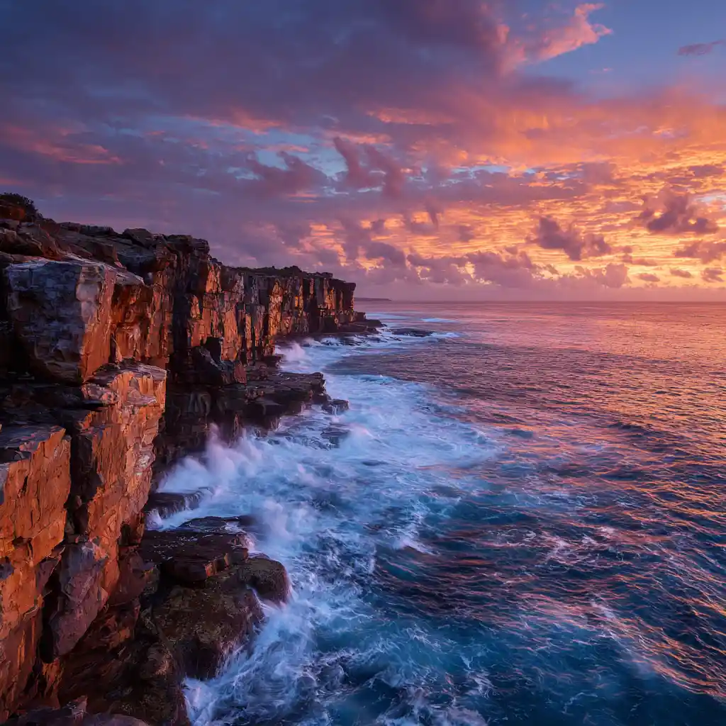 Dramatic rocky seaside cliff at colorful sunset sky