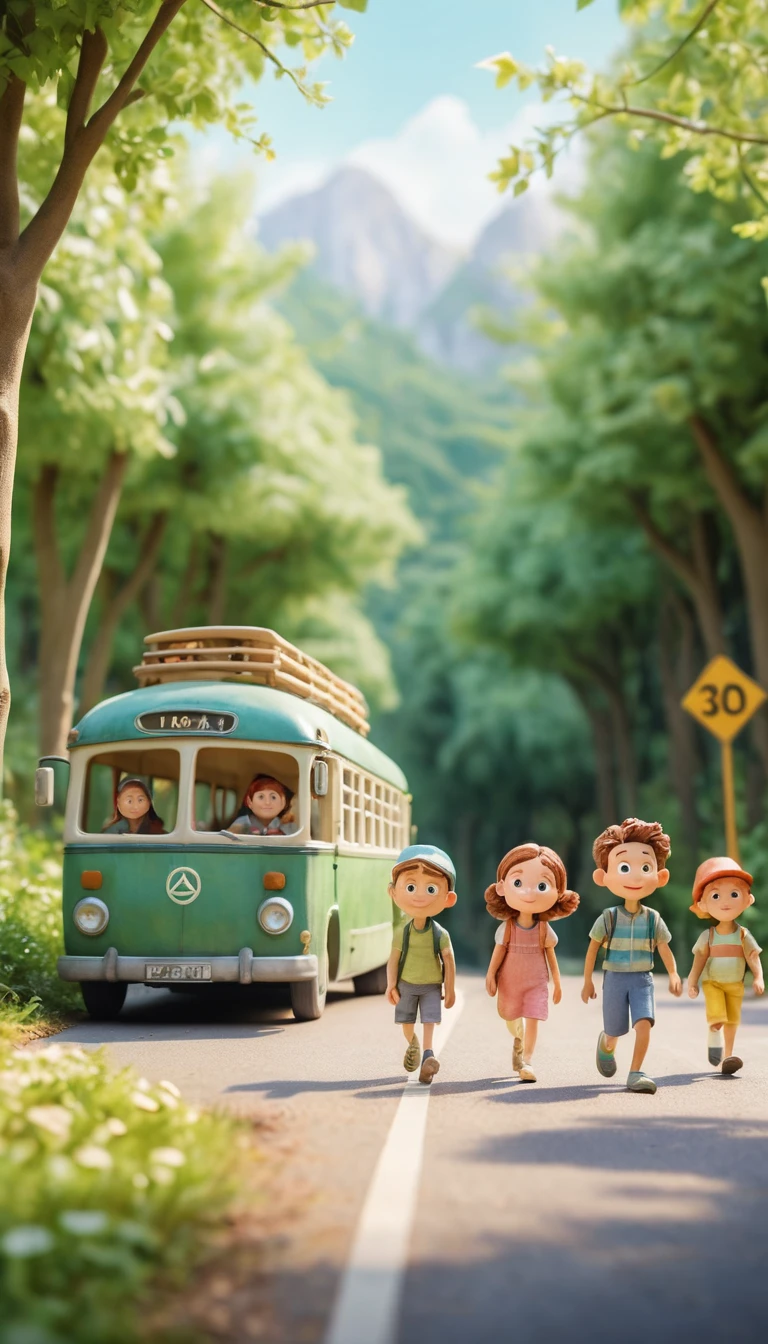 Personagens de argila em estilo Pixar viajando de ônibus em uma rodovia de verão