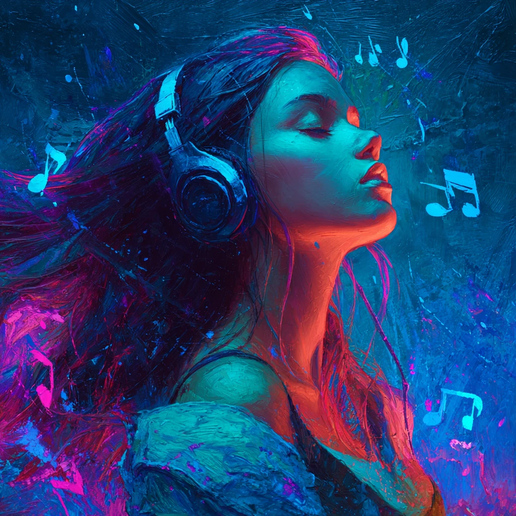 霓虹音樂中戴著耳機的夢幻賽博龐克女子