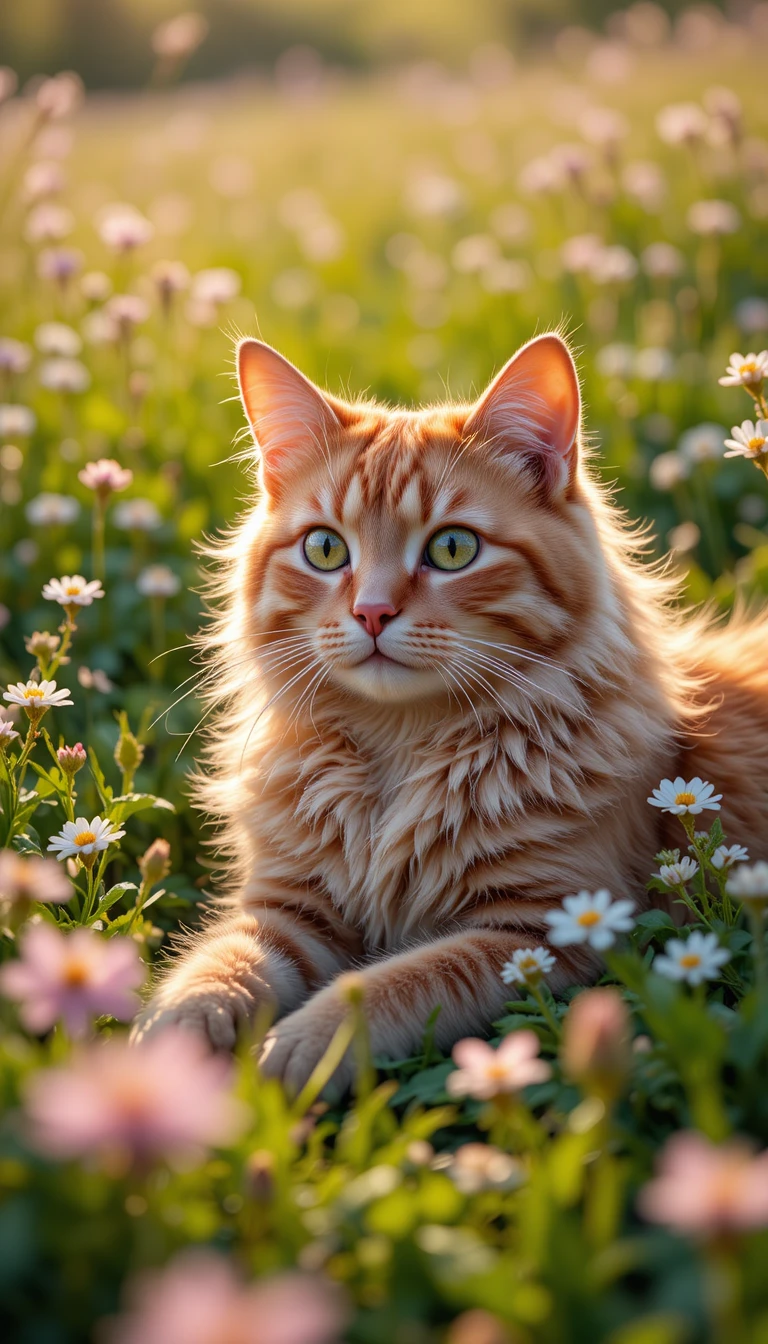 Gato ruivo descansando em um prado verde sob a luz morna do sol